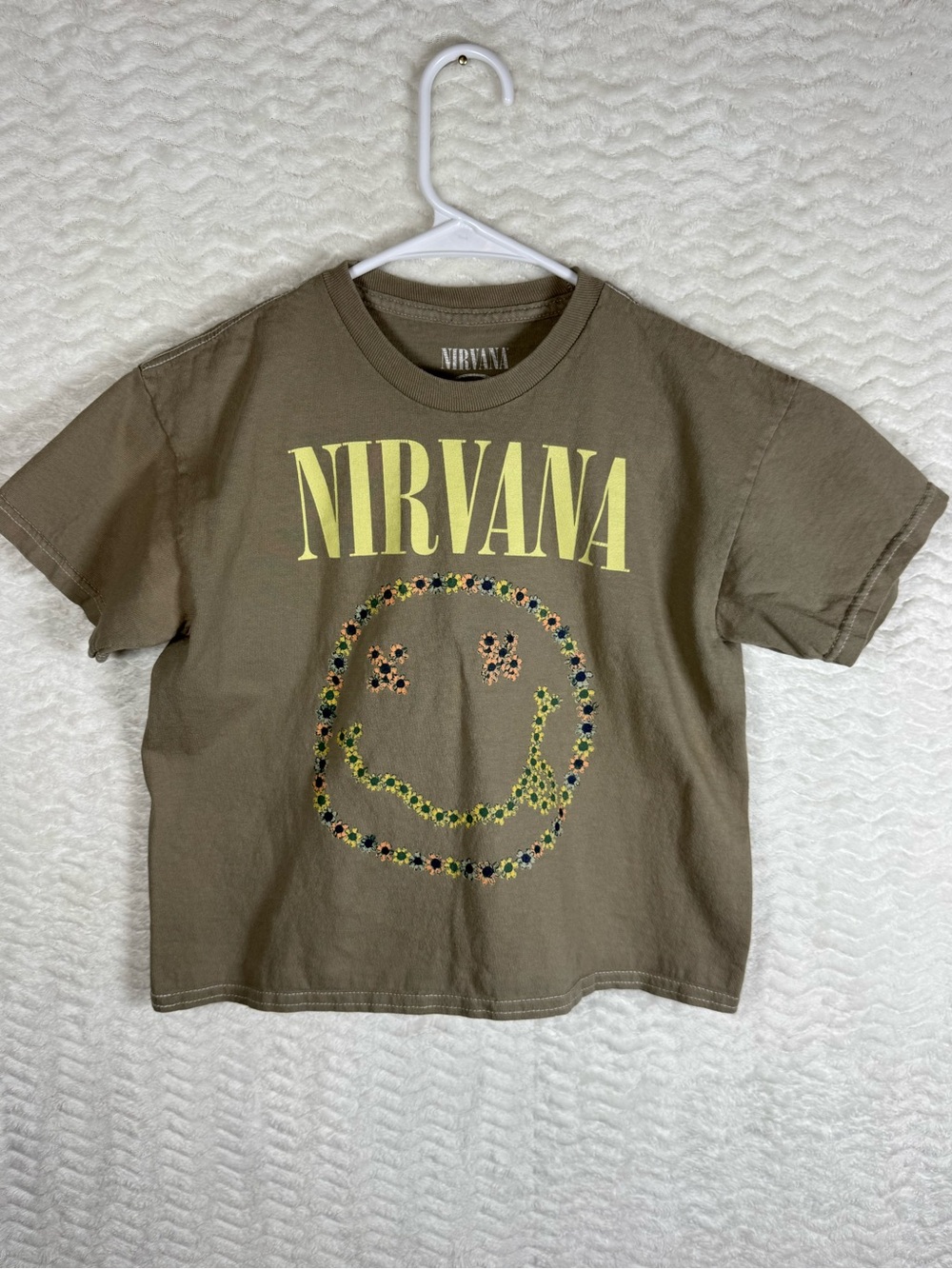 NIRVANA Olive Tee with Yellow Logo and Floral Smiley